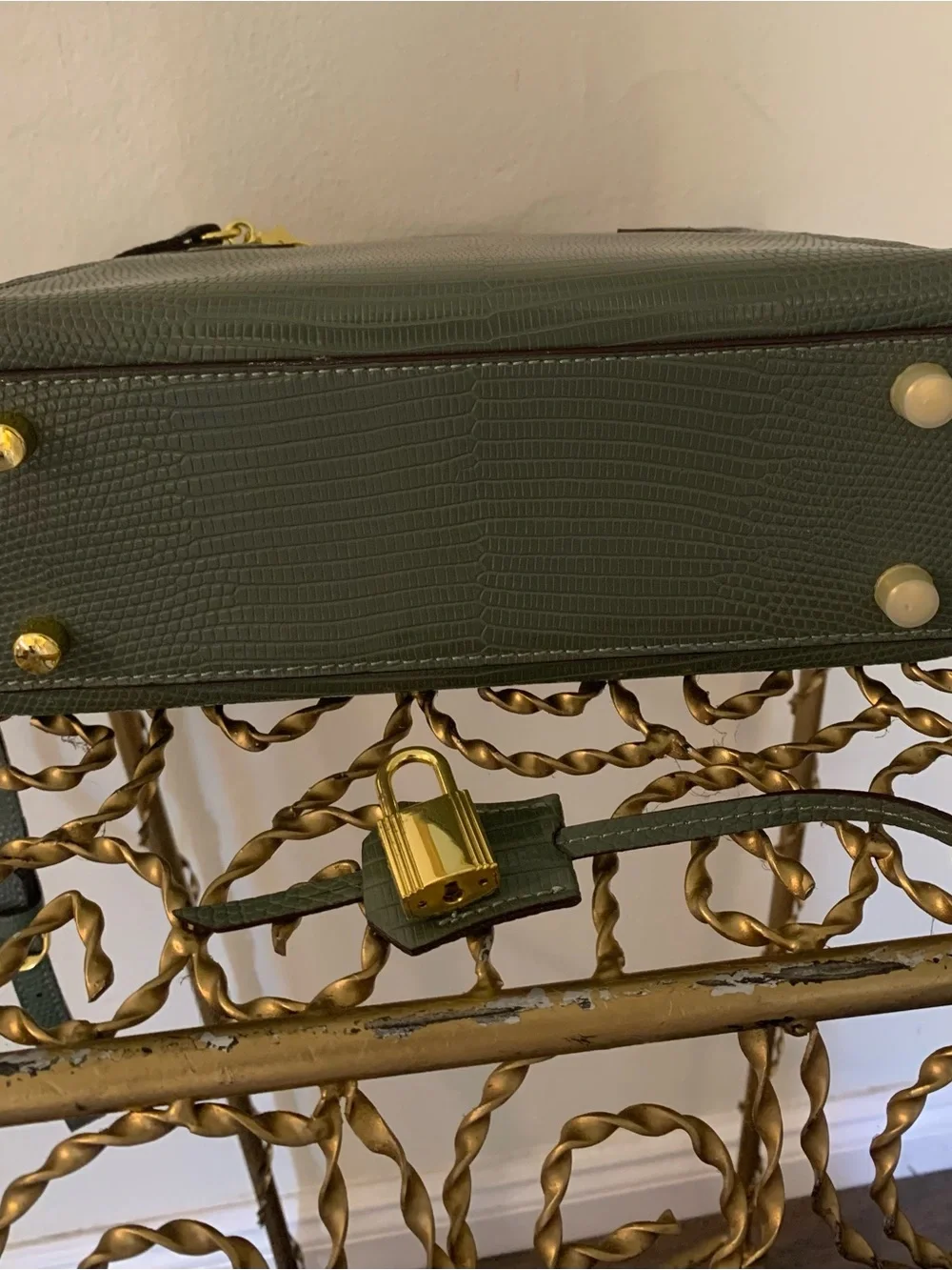 Green Textured Top-Handle Women's Leather Bag with Gold Hardware
